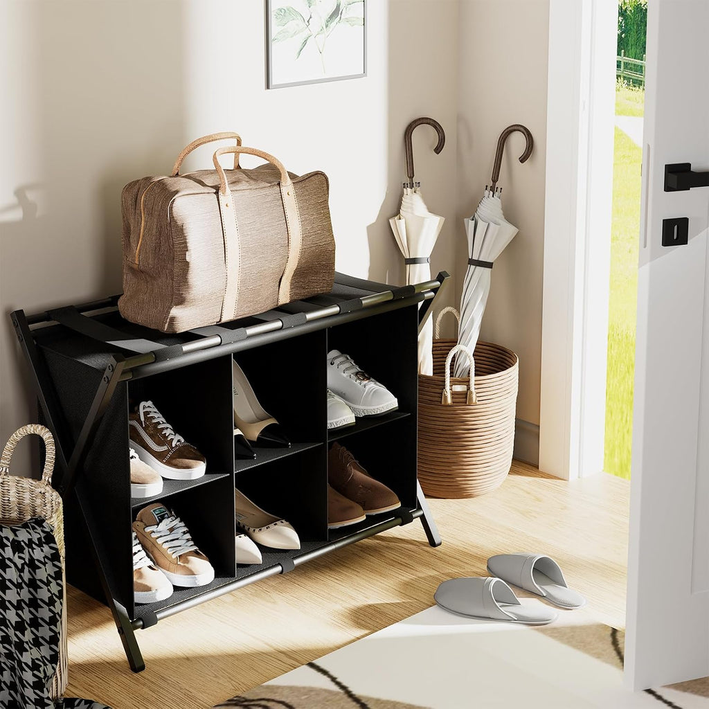 Huhote Luggage Rack for Guest Room, Folding Suitcase Stand with 6-Cube Fabric Storage Shelf, Luggage Holder, Steel Foldable Luggage Stand for Guest Room, Bedroom, Hotel, Black