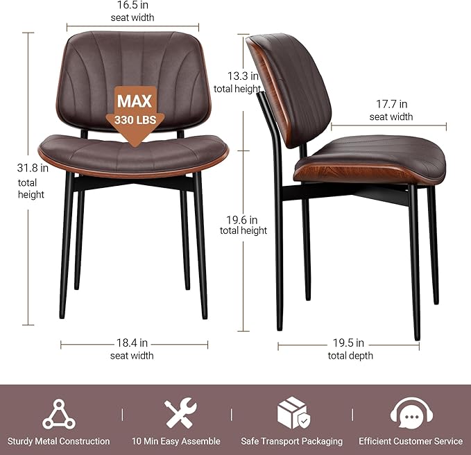 Dining Chairs Set of 8, Mid-Century Modern Upholstered PU Leather Chairs with Walnut Bentwood Back and Metal Legs Adjustable Feet for Kitchen Dining Room, Dark Brown Shell Strips