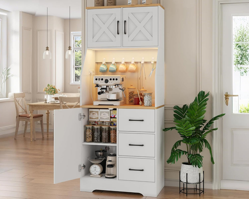 LLappuil 67" Kitchen Pantry with LED Light & Outlet, Kitchen Hutch w...