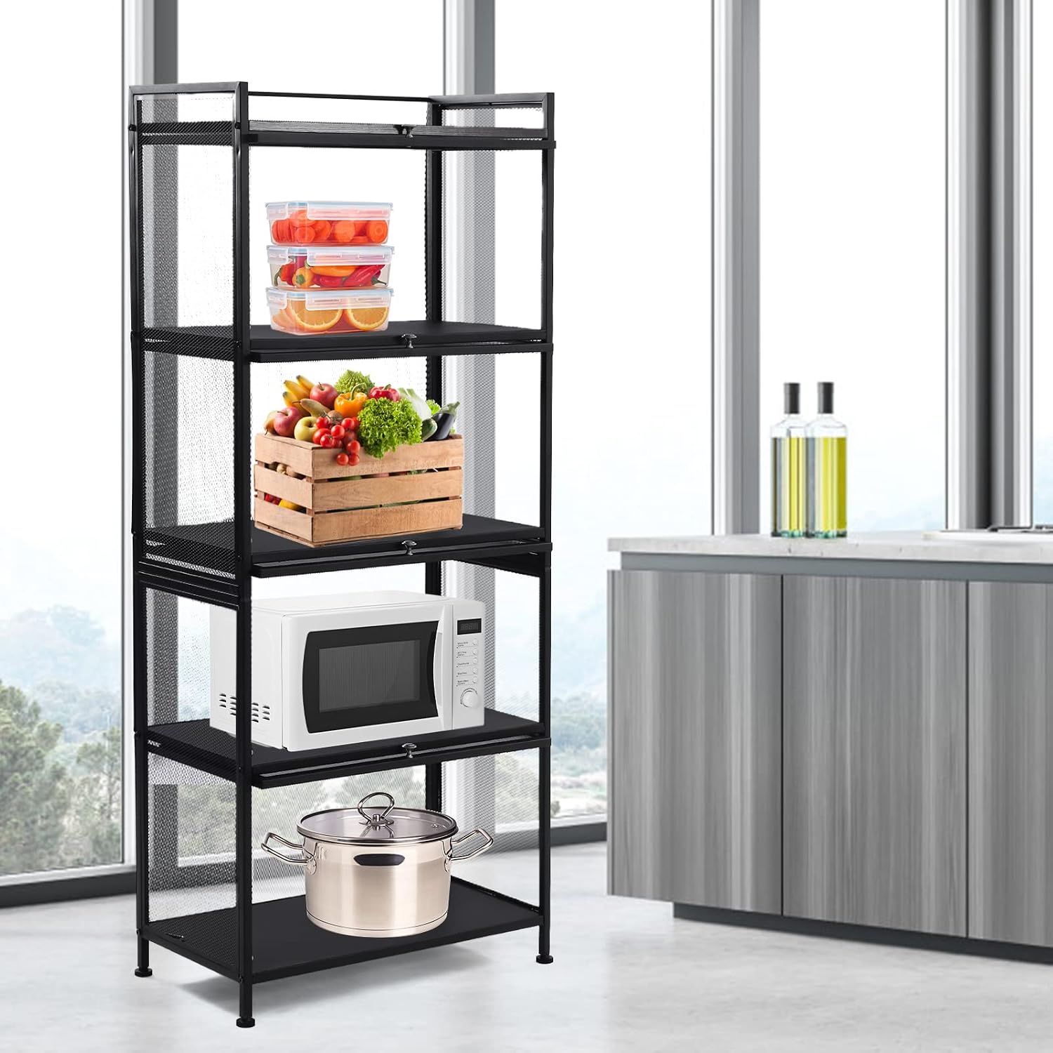60x32x141.5cm 5-Tier Kitchen Storage Cabinet, Mobile Microwave Stand with Flip-Up Doors - Black Freestanding Kitchen Bakers Rack for Pantry, Bathroom Organizer