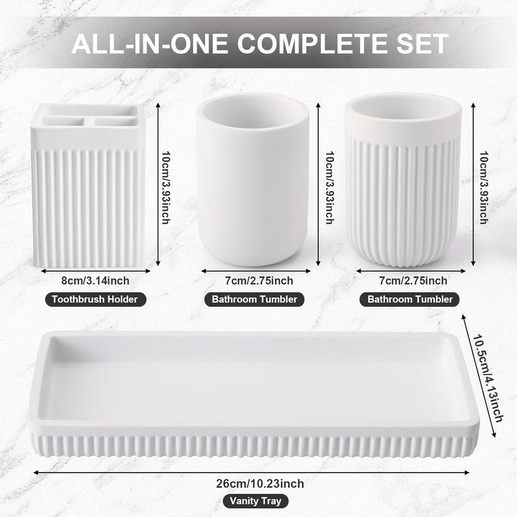 Resin Bathroom Toothbrush Holder Set, Matte White Bathroom Accessories Set 4 Pcs, Bathroom Tumbler Cup Tooth Brushing Cup Set with Tray, for Sink Countertop Modern Home Decor