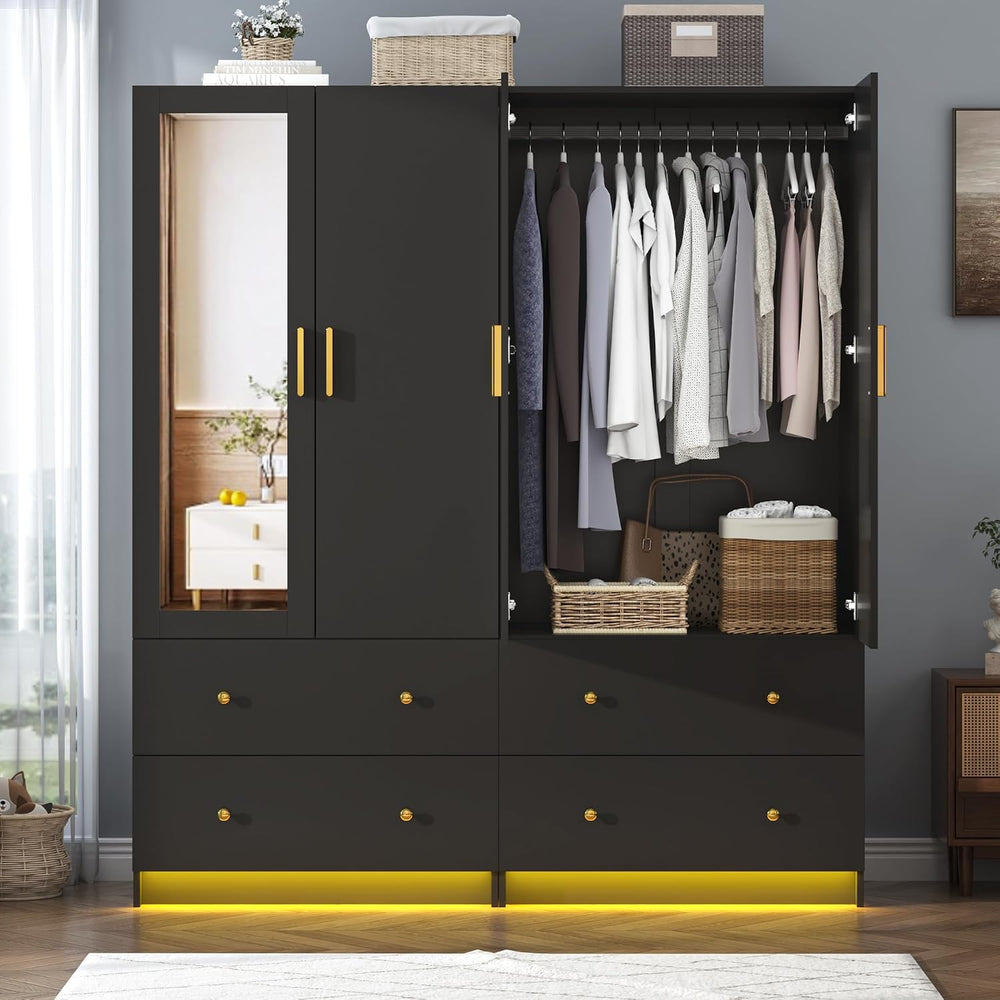 chartustriable 2 Doors Armoire Wardrobe Closet with Mirror, LED Closet with D...