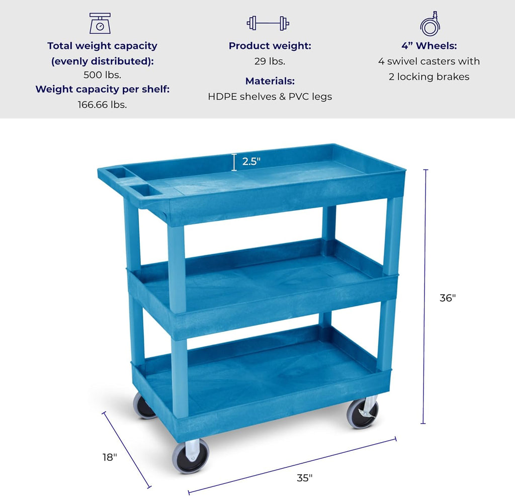 Stand Steady Tubstr 3 Shelf Utility Cart | Made in USA | Heavy Duty Tub Cart Holds Up to 500 lbs. | Storage Cart & Rolling Tool Cart for School, Office, Garage & Warehouse (32 x 24in / Blue)