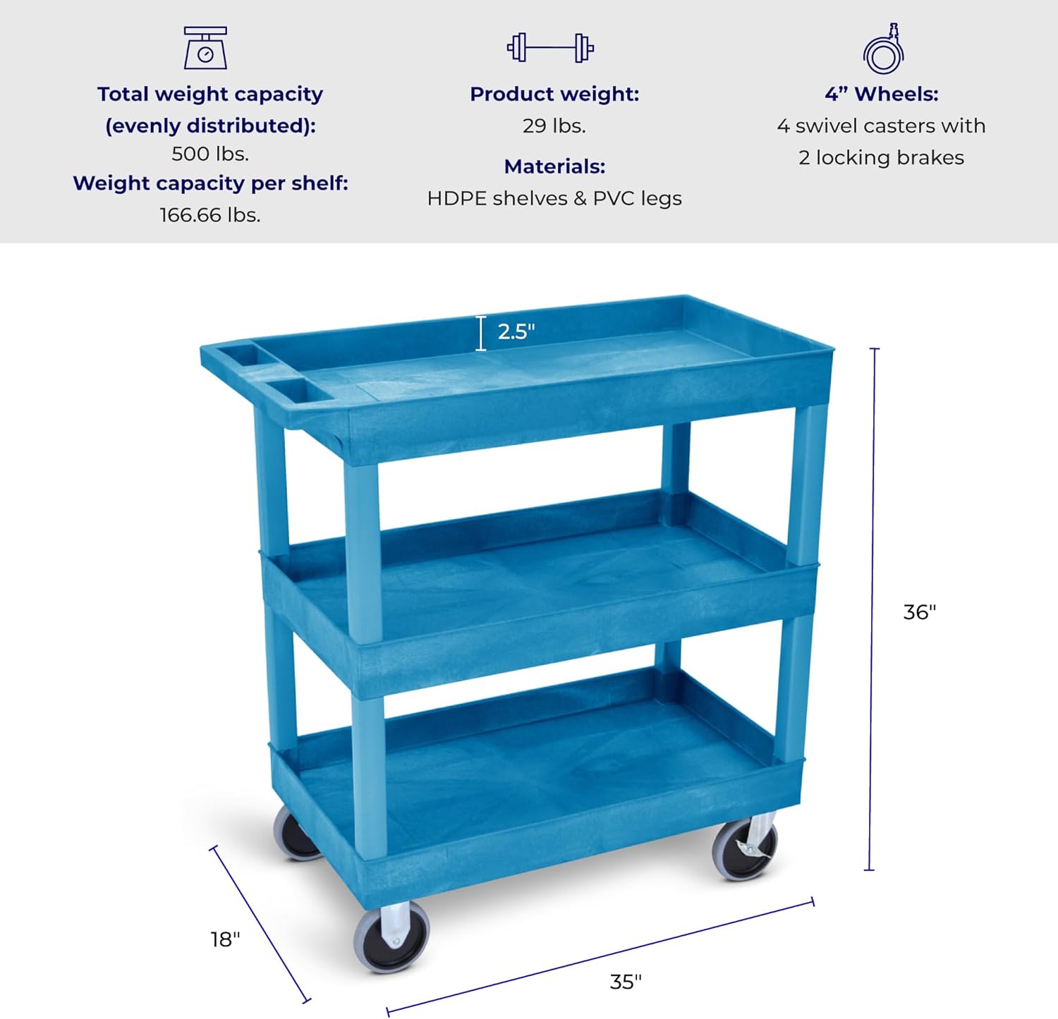 Stand Steady Tubstr 3 Shelf Utility Cart | Made in USA | Heavy Duty Tub Cart Holds Up to 500 lbs. | Storage Cart & Rolling Tool Cart for School, Office, Garage & Warehouse (32 x 24in / Blue)