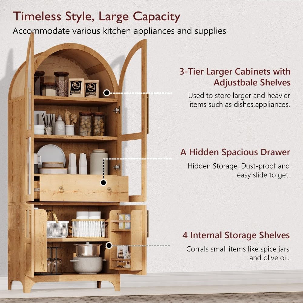 71 Inch Arched Kitchen Pantry Cabinet with Glass Doors and Hidden Drawer, Far...