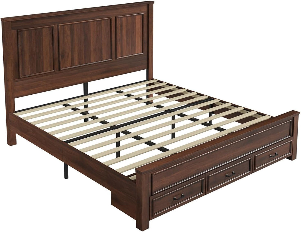 AMERLIFE 52.2" King Size Farmhouse Bed Frame with Headboard, Rustic Brown