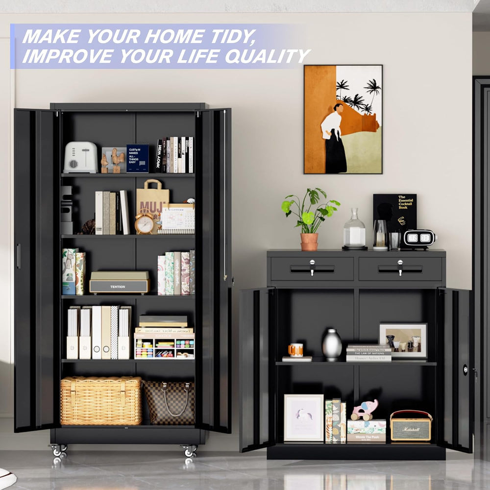 Pataku 73" Metal Storage Cabinet with Wheels, Garage Storage Cabinet wit...