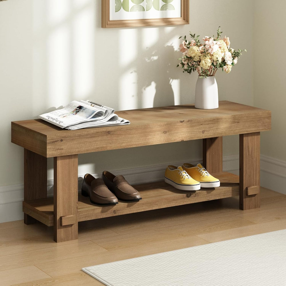 Solid Wood Bench - 42.5" Long Farmhouse Entryway Bench, Narrow End of Be...