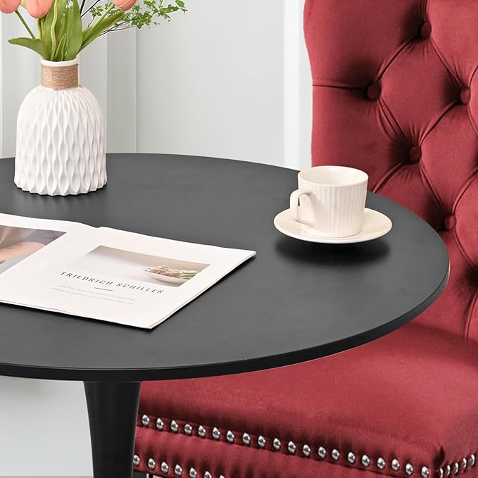 3-Pieces 31.5" Round Dining Table Set for 2, Black Dining Table & Velvet Upholstered Dining Chairs Set of 2 for Kitchen Dining Room Apartment Small Space(Wine Red Chairs)