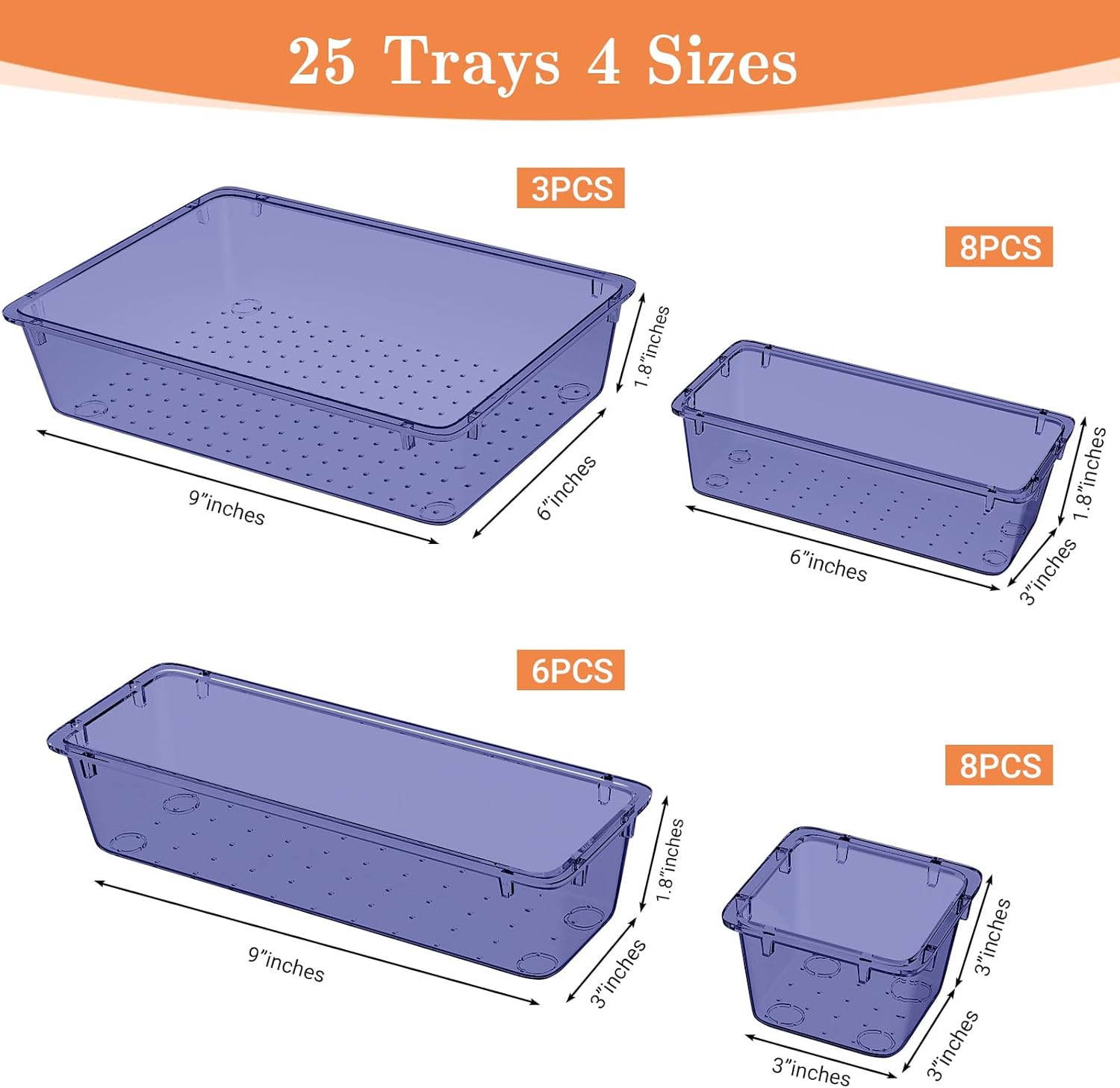 25 PCS Plastic Drawer Organizer Set, 4-Size Versatile Organizer Trays & storage Bins for Makeup, Jewelry, and Gadgets in Bathroom, Bedroom and Office,Dark Blue