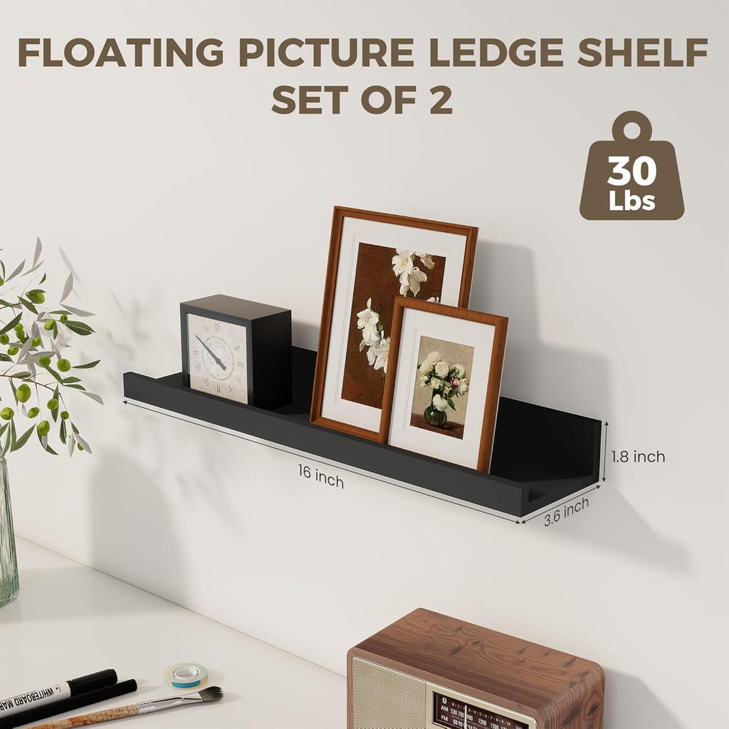Axeman Black Floating Shelves 16 Inch | Picture Ledge Shelf Set of 2 | Rustic Picture Shelf for Wall with Ledge | Black Wall Shelves with Lip | Photo Ledges