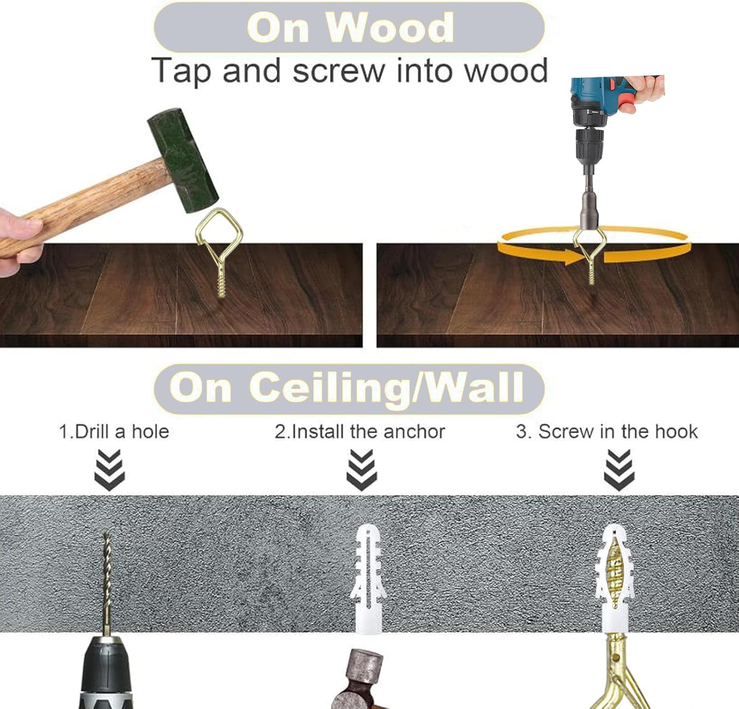 10 PCS Eye Screw Hooks for Hanging Heavy Duty with Safety Buckle.Metal Ceiling Hooks for Hanging Plants,Cup,Wind Chime,Bird Feeders,christmas String Lights at Indoor&Outdoor,2.36 Inch(No Drill Bit)