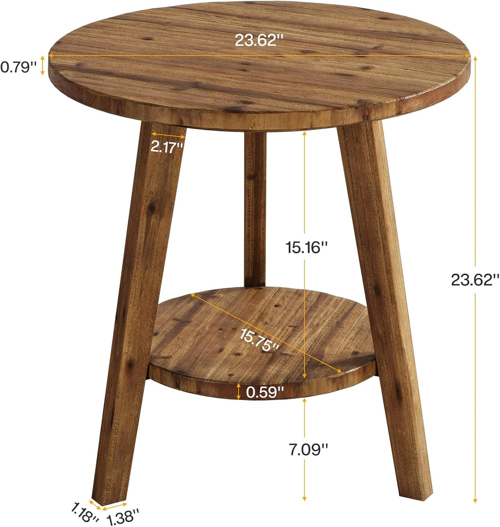 Tribesigns Solid Wood Round Side Table, 2-Tier Farmhouse End Table with Stora...