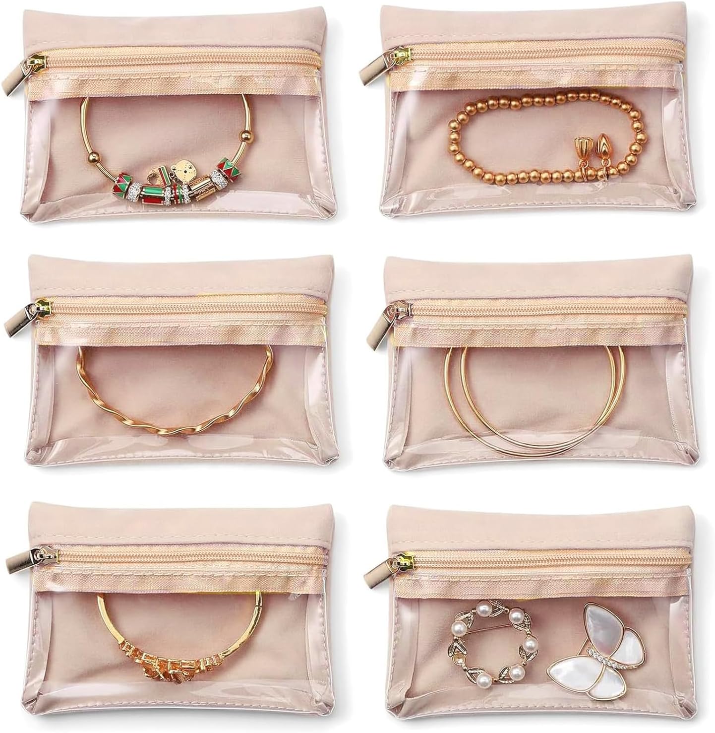 Magiware Small Jewelry Pouch Travel Organizer Bags with Soft Velvet and Zipper, 6PCS Pocket Storage Bag Case Purse Organizer for Women Girl Grandma Gift（ beige）