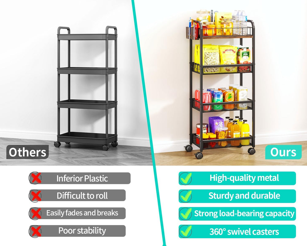 HapiRm 4 Tier Metal Rolling Cart- Utility Storage Cart with Locking Wheels | ...
