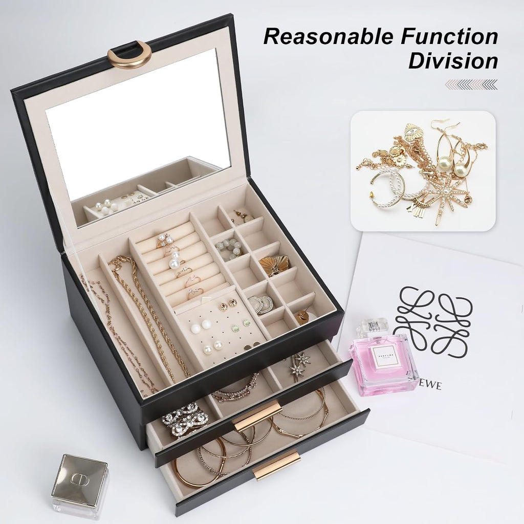 Women's Luxury Jewelry Armoire with Mirror - Compact 2-Drawer Chest with Ring Rolls & Necklace Hooks, Ideal Gift for Women Black