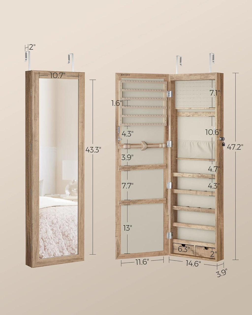 SONGMICS 6 LEDs Mirror Jewelry Cabinet, 47.2-Inch Tall Lockable Wall or Door Mounted Jewelry Armoire Organizer with Mirror, 2 Drawers, Christmas Gift, 3.9 x 14.6 x 47.2 Inches, Toasted Oak Color