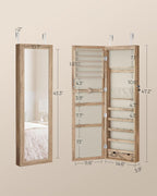SONGMICS 6 LEDs Mirror Jewelry Cabinet, 47.2-Inch Tall Lockable Wall or Door Mounted Jewelry Armoire Organizer with Mirror, 2 Drawers, Christmas Gift, 3.9 x 14.6 x 47.2 Inches, Toasted Oak Color