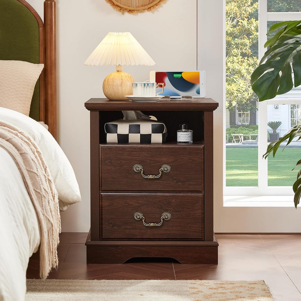 Farmhouse Night Stand with Charging Station, Walnut | 2 Drawers End Tables Be...