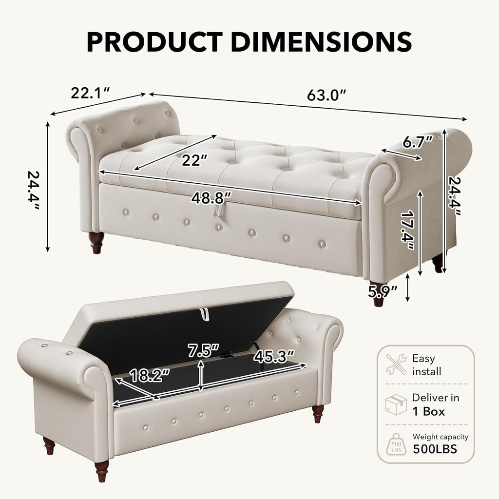 Storage Bench, End of Bed Bench with Pull Ring Design | 63" Velvet End of Bed Bench, Rolled Arm,Button Tufted Design, Large Storage Space, Wood & Metal Material, Holds 500LBS, Beige