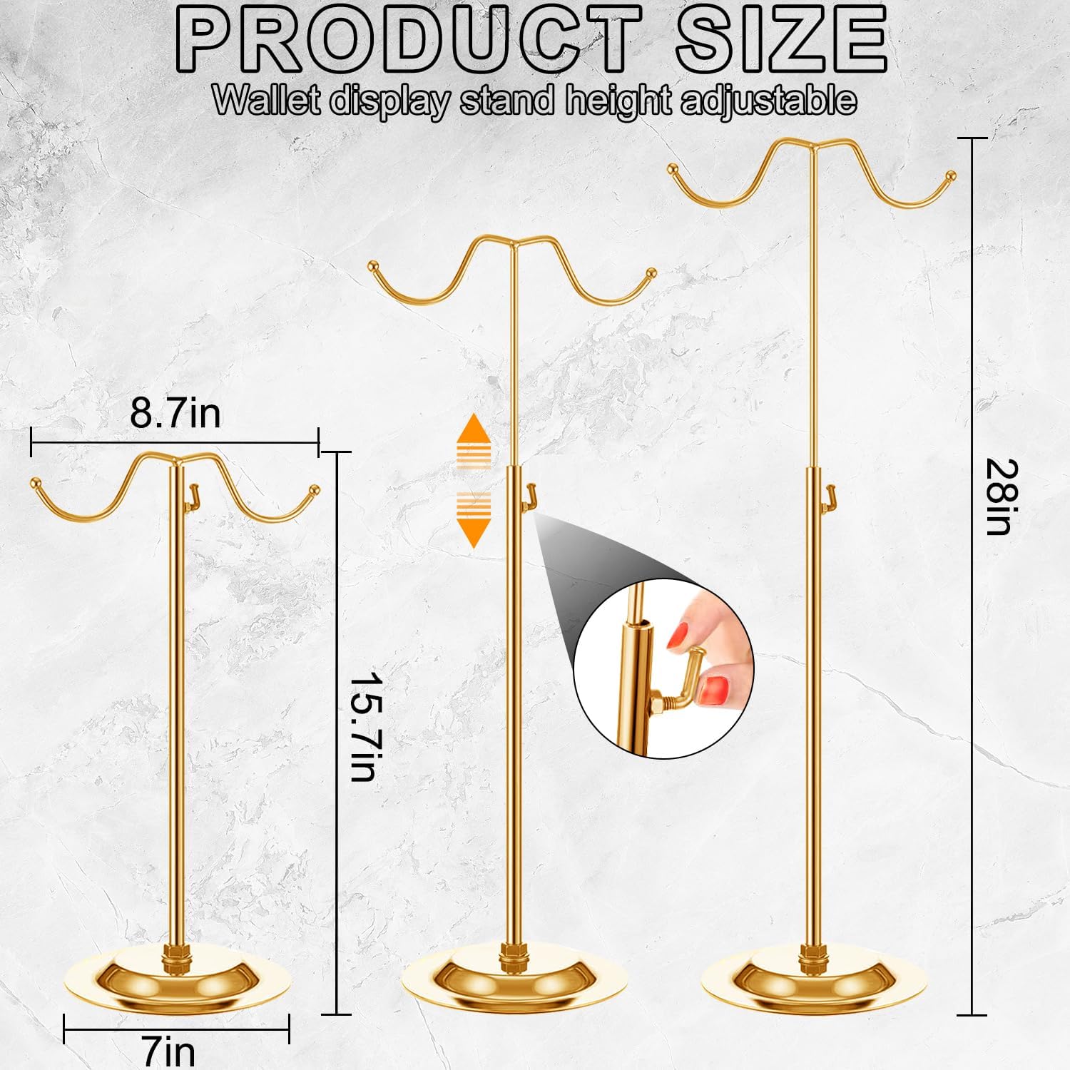 4 Pcs Purse Display Stand Adjustable Height Handbag Display Stand Metal Handbag Stand Holder Double Hook Purse Holder Stand for Home Store Boutique Counter, Gold