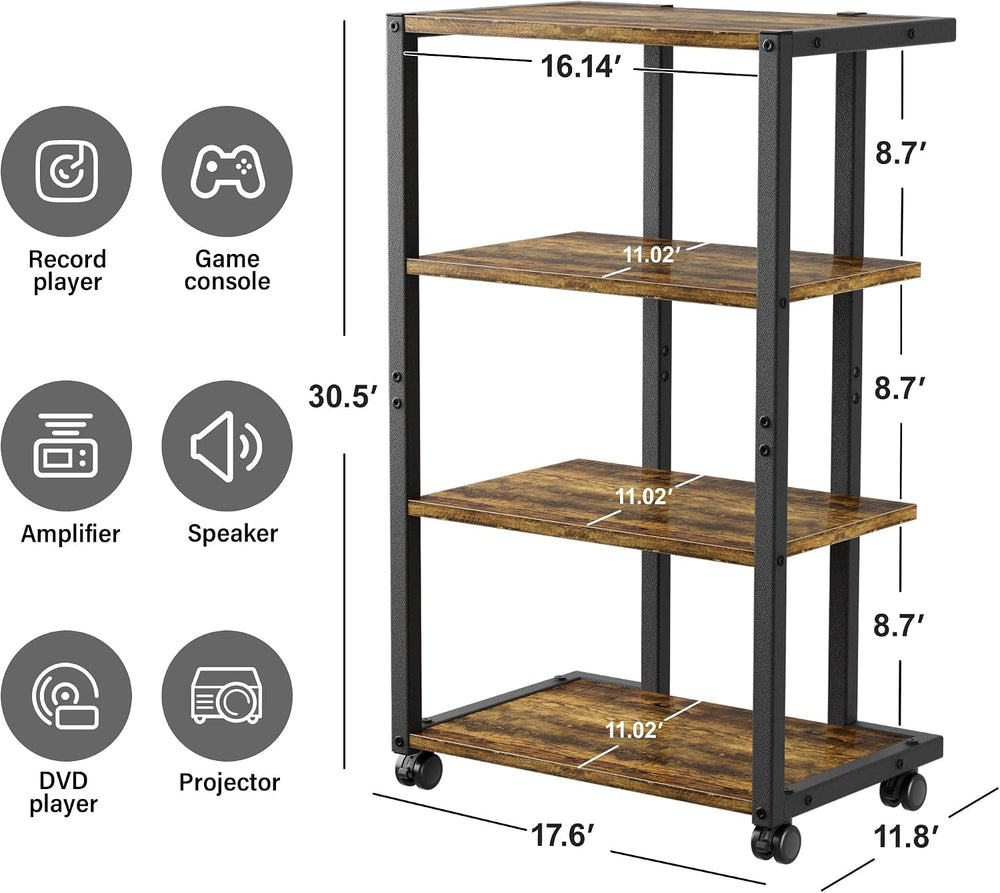 AV Media Stand with Wheels, 4-Tier Game Console Shelf