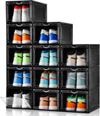 Clemate Upgraded X-Large Shoe Storage Box,12 Pack,Shoe Box Clear Plastic Stackable,Drop Front Shoe Box with Clear Door,Shoe Organizer Containers For Sneaker Display,Fit up to US Size13, Black