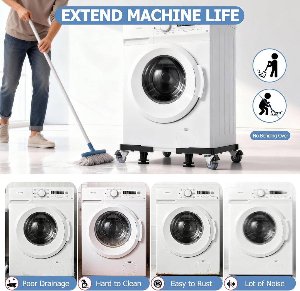 Mini Fridge Stand 4 Locking Swivel Wheels Double Fixed Rod Heavy-Duty Black | Washing Machine Stand Adjustable Appliance Dolly Mover Mobile Base Laundry Pedestal For Washer, Dryer 20.7"–27.2" Load 660LB