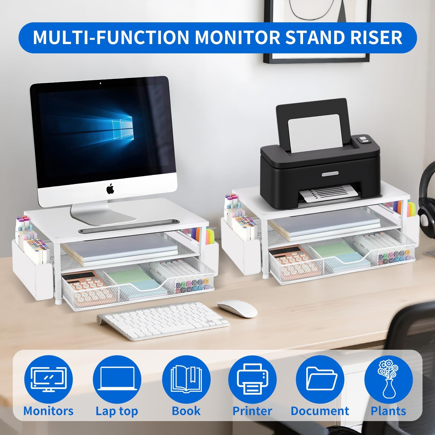 AUPSEN White Monitor Stand Riser, 2-Tier Wood Computer Desk Organizer with Drawer, Pen Storage & Phone Holder, Office Desk Accessories Desktop Organizer for Office Supplies