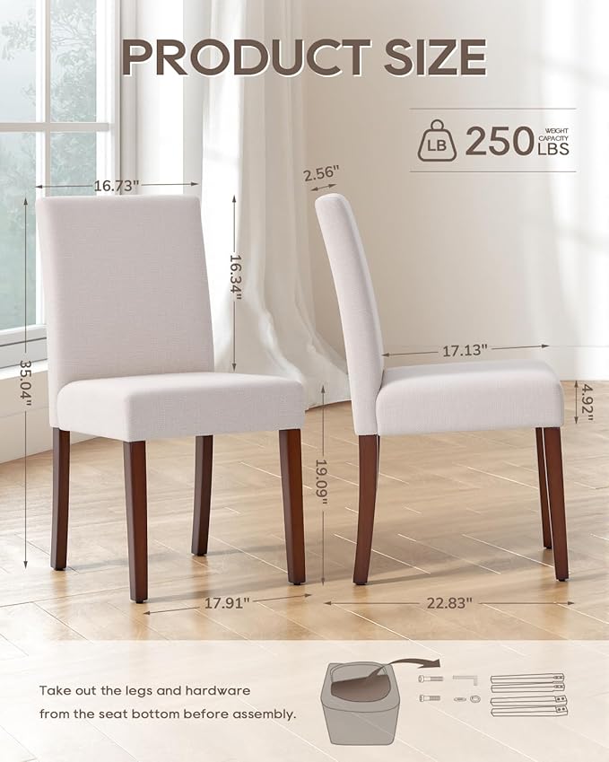 Upholstered Dining Chairs Set of 2 - Line Fabric Modern Farmhouse Kitchen Chairs,Mid-Back Dining Room Chairs with Wooden Legs
