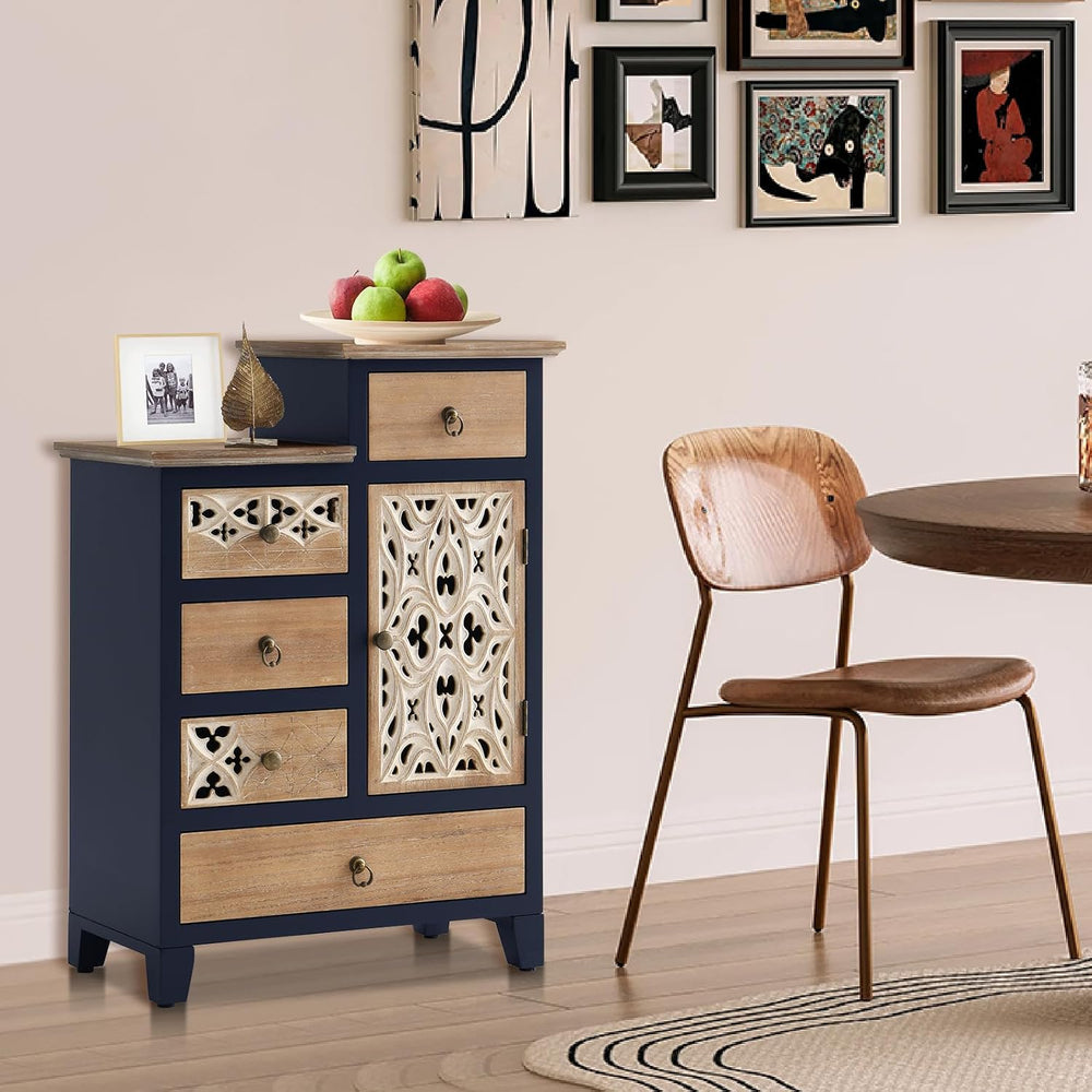Farmhouse Accent Chest with Carved Door and 5-Drawers, Vintage Storage Cabine...