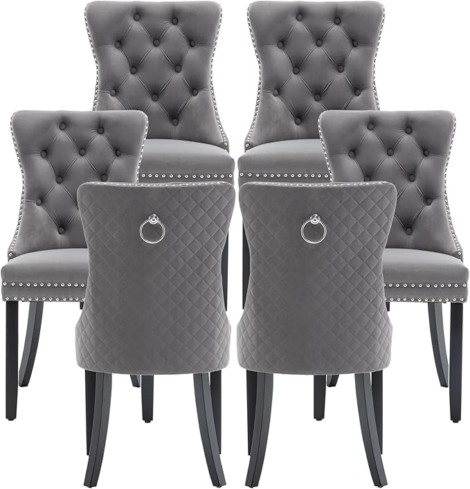 Velvet Dining Chairs Set of 6, Upholstered Dining Room Chairs with Nailhead Trim, Sillas de Comedor Modernas 6, Wooden Kitchen Chairs for Dining Room, Living Room, Kitchen, Bedroom, Grey