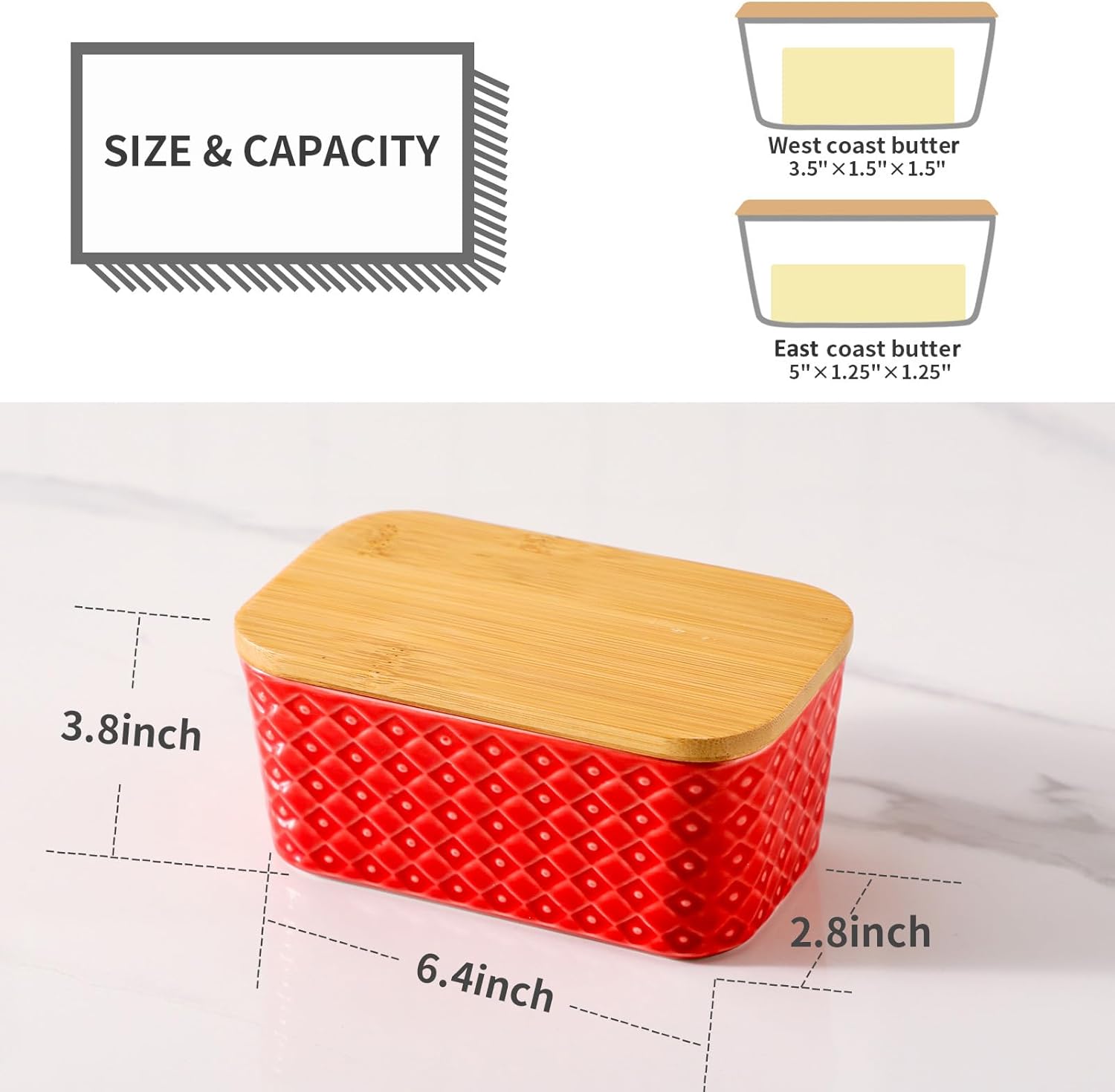 Hasense Ceramic Butter Dish with Lid, Large Butter Holder for Countertop Airtight Butter Stick Covered Keeper, Red Embossed Pattern Design,Holiday Gift