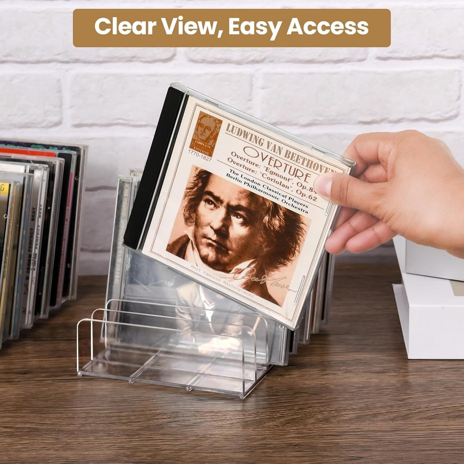 2 Pack Clear Acrylic CD Holder: DVD and CD Storage Box - CD Display Rack CD Organizer - Vinyl Record Storage Holds up to 14 Standard CD Cases for Media Shelf Storage and Organization