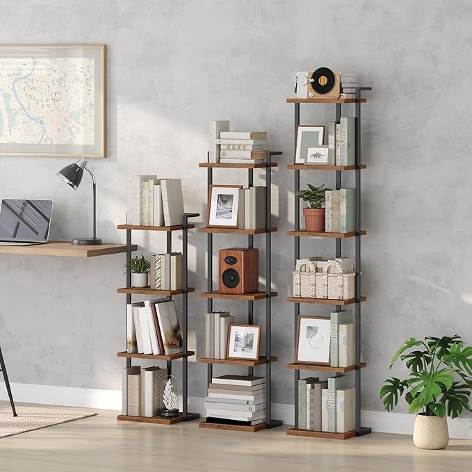 Bookshelf, 6-Tier Bookcase, Vertical Tall Narrow Book Shelf for Small Space, Open Storage Display Shelf with Stable Base & Anti-Tip Kits, for Living Room, Study, Rustic Brown BKHR11601