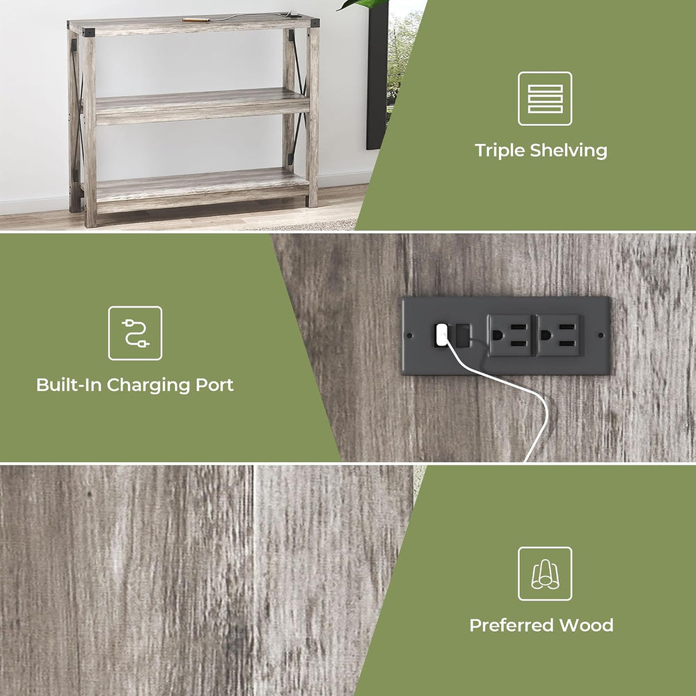 Entryway Table with Outlets and USB Ports, Console Table with 3-Tier Open Sto...