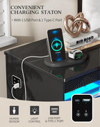 FREDEES LED Night Stand with Gun Drawer & LED Light | 3-Color Lights & Human Body Sensor, Smart Charger Station, 2 DrawersHidden Storage, End Table Bedroom Livingroom