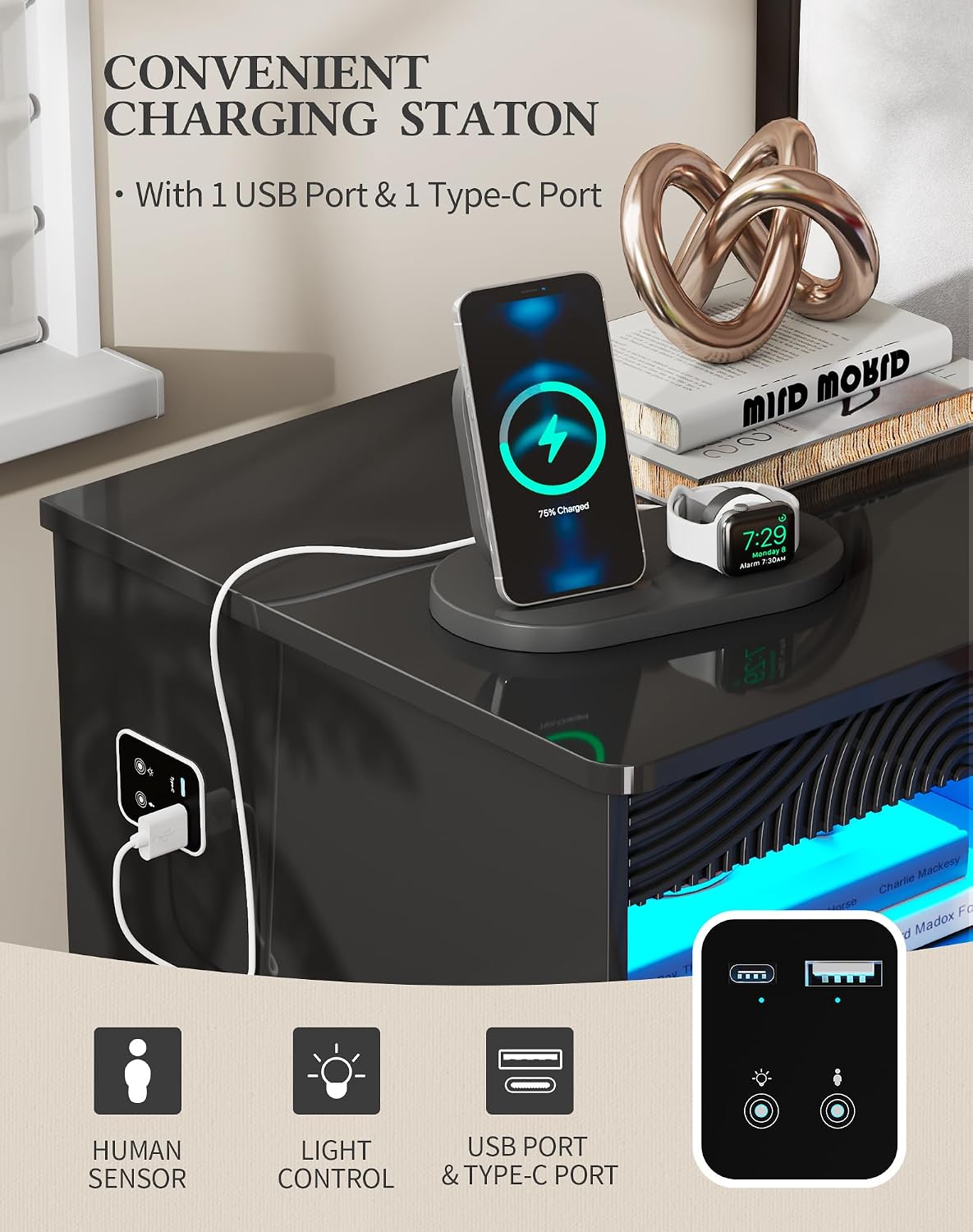 FREDEES LED Night Stand with Gun Drawer & LED Light | 3-Color Lights & Human Body Sensor, Smart Charger Station, 2 DrawersHidden Storage, End Table Bedroom Livingroom