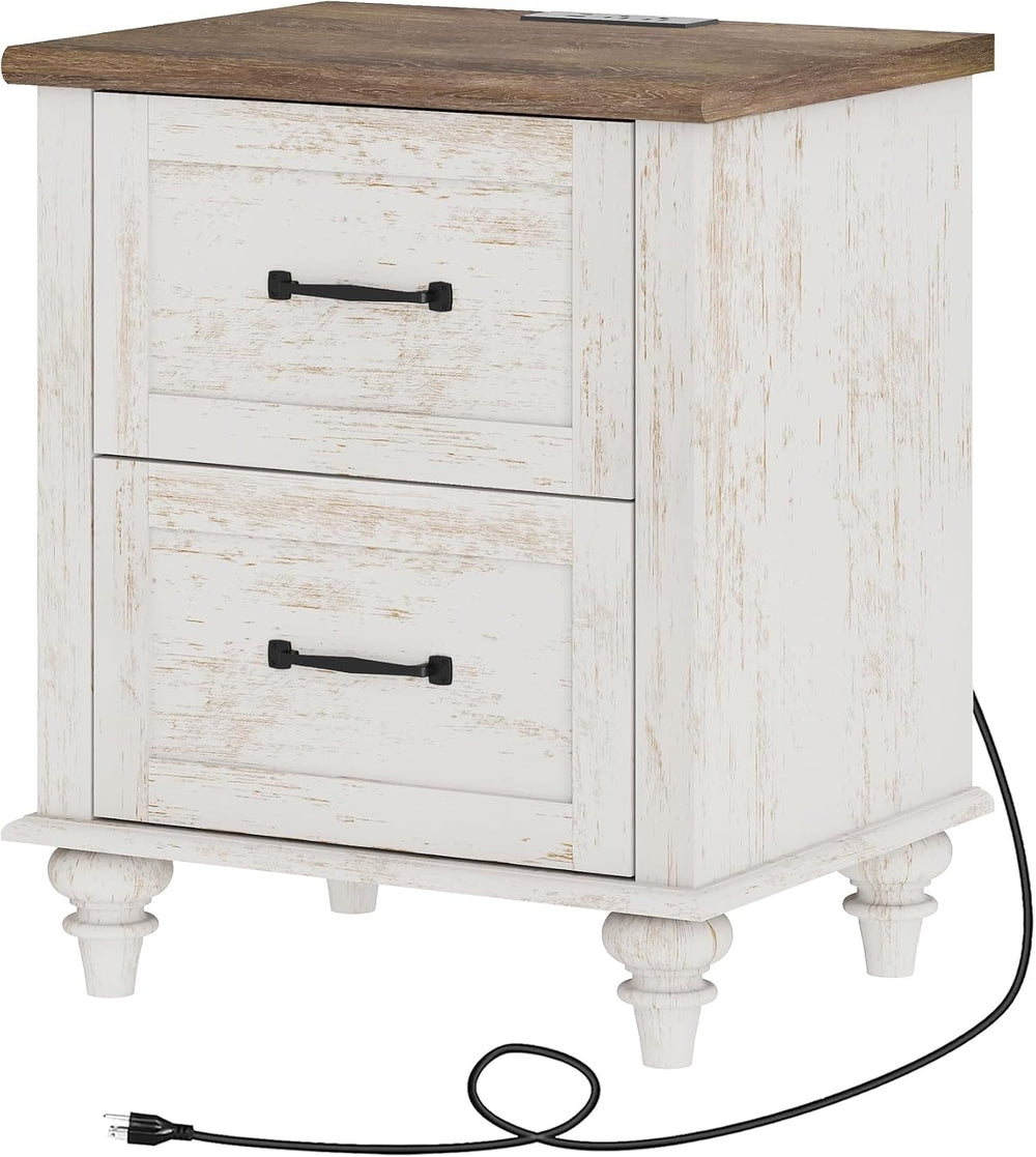 WAMPAT Nightstand Side Table with Charging Station, Antique White End Table w...