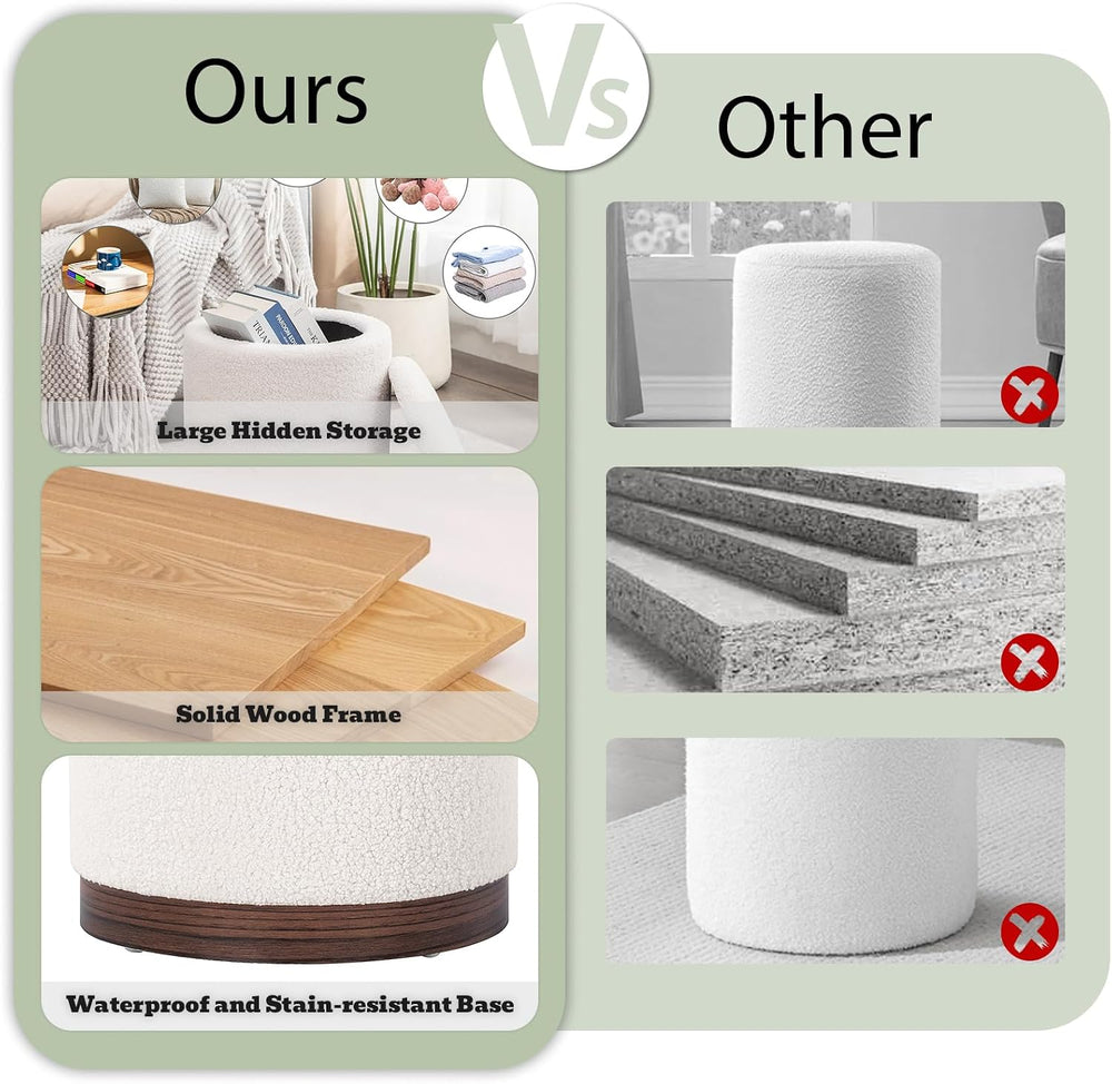 Joveco Round Storage Ottoman with Removable Lid, Boucle Small Upholstered Pad...