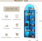 Display Cabinet with Doors and Adjustable Shelves, 76" Tall Display Case with LED Lights/Arch Storage Space, 6 Tier Bookcase for Collectibles Bedroom Living Room Office, White