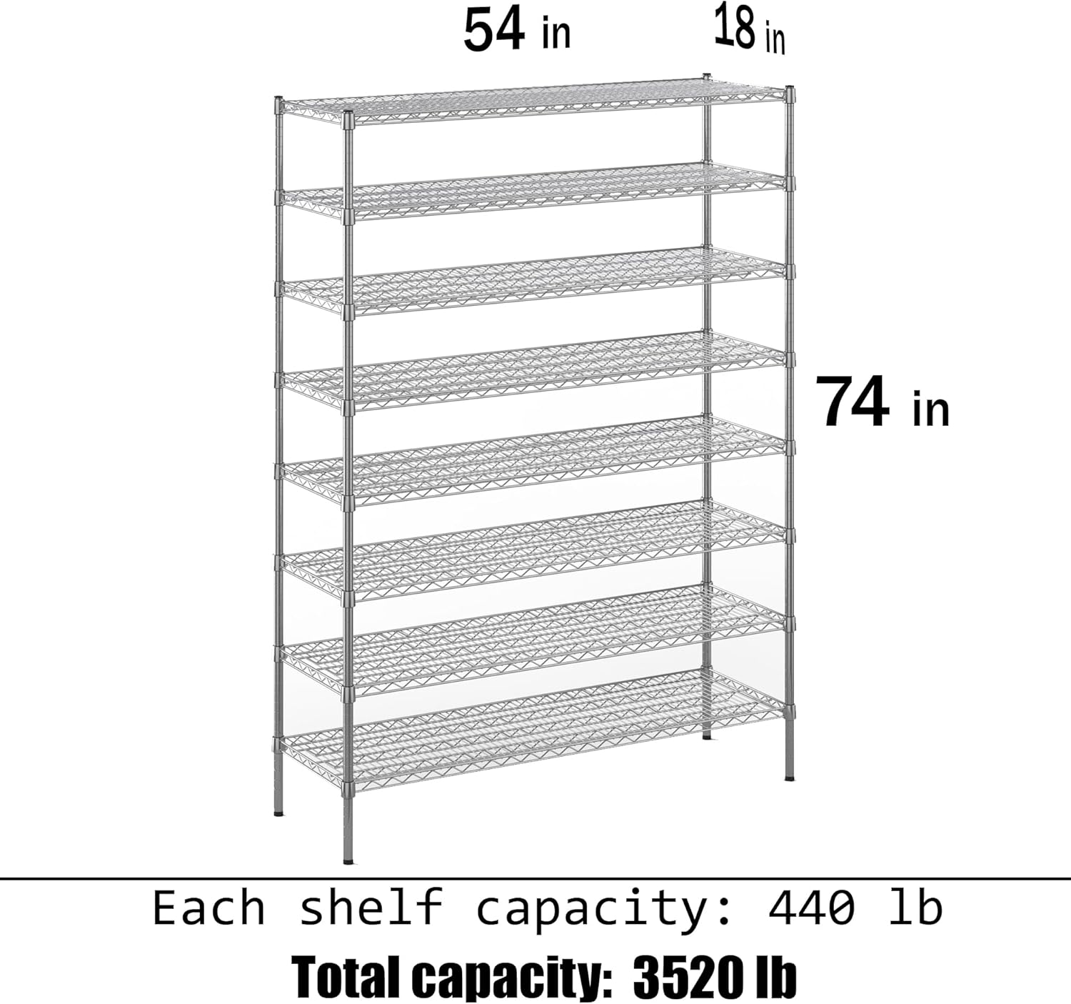 18" Deep x 54" Wide x 74" Height Wire Shelving Kit | 8-Tier | NSF Commercial Storage Rack Unit