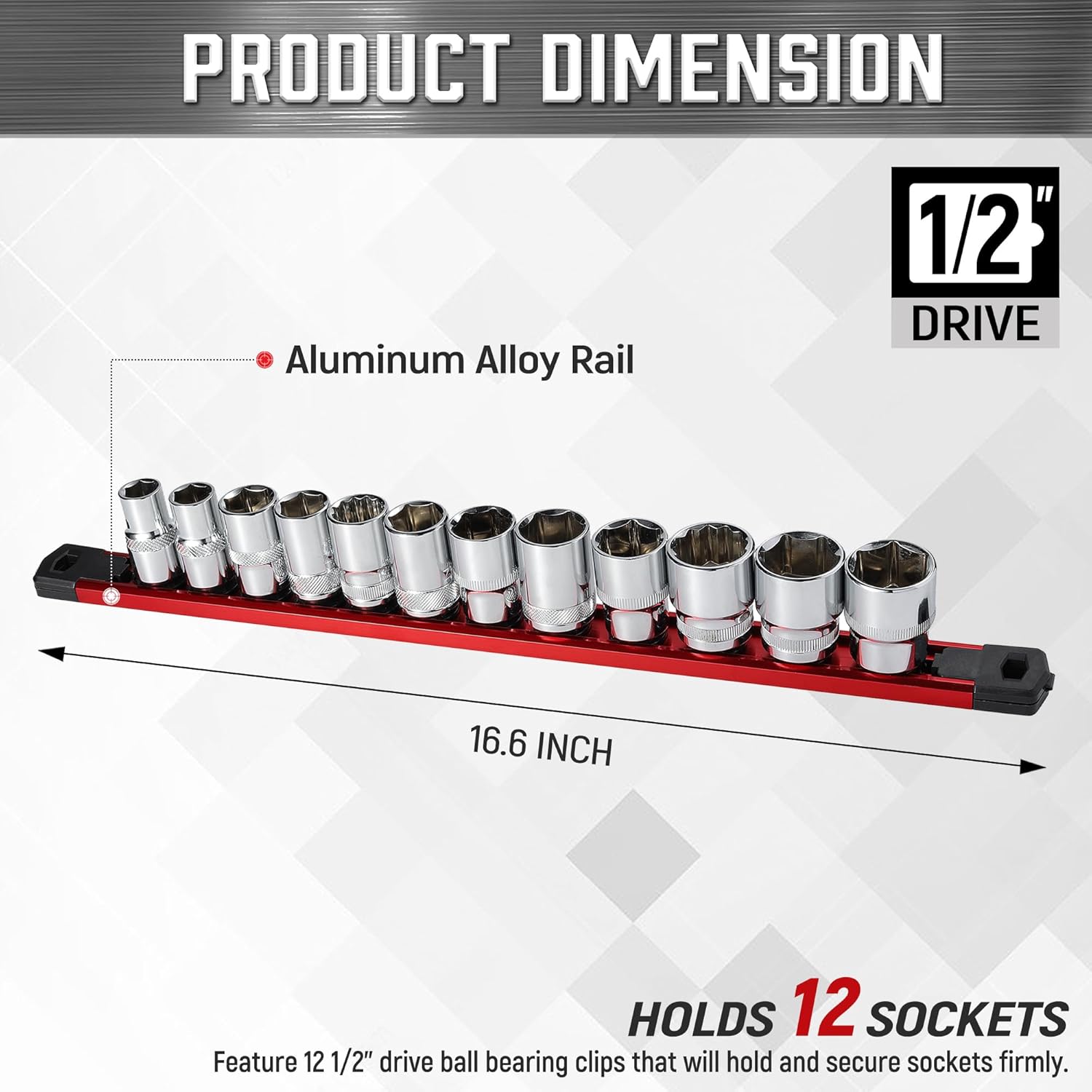 ALOANES 1/2-Inch Drive Magnetic Socket Organizer, Heavy Duty Aluminum Socket Rail Organizer, 360° Swivel Clips Socket Holder Kit for Tool Box, 1/2 Inch Socket Holder x 12 Clips (Red)
