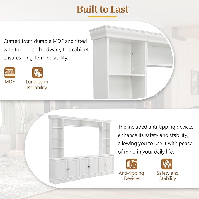 SOFTSEA 4-Piece Entertainment Center Wall Unit for TVs up to 70", Large TV Stand Wall Unit with Bookshelves, 6 Doors & Adjustable Shelves, Media Console with Bridge for Living Room, White