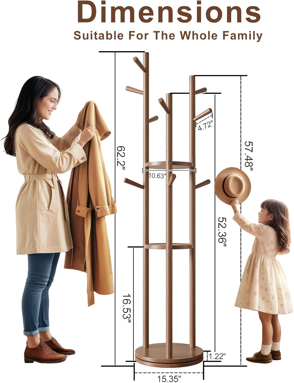 Muwuele Solid Wood Rotary Coat Rack, Freestanding Coat Rack with 3 Shelves and 9 Hooks, Coat tree for Bedroom, Entryway, Livingroom, Coat Hanger Stand for Coats, Scarves, Handbags (Walnut)