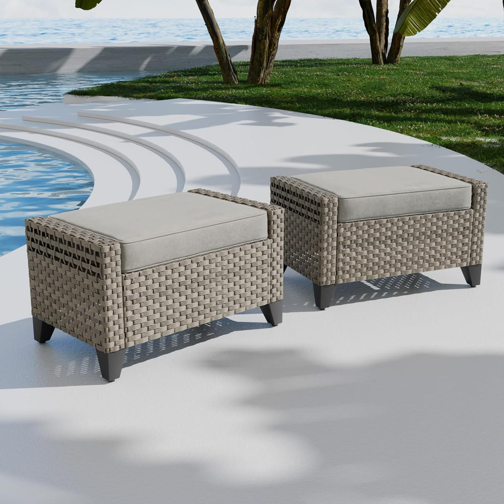 COOS BAY Modern 2 Piece Wicker Outdoor Ottomans, Patio Ottoman Foot Rest Set ...