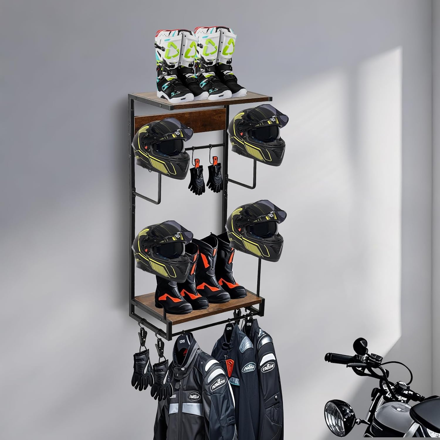 Motorcycle Helmet Rack, Wall Mount with 4 Glove Chips, 10 Hooks and Rustic Finish for Multiple Helmets and Clothes