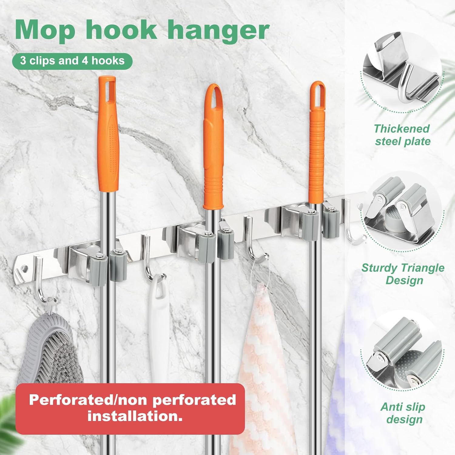 5 Pack Broom Holder Wall Mount 3 Racks 4 Hooks Stainless Steel Broom Mop Holder Anti Slip Storage Rack Strong Load Bearing Waterproof Broom and Mop Organizer Wall Hanging for Bathroom Kitchen Garage