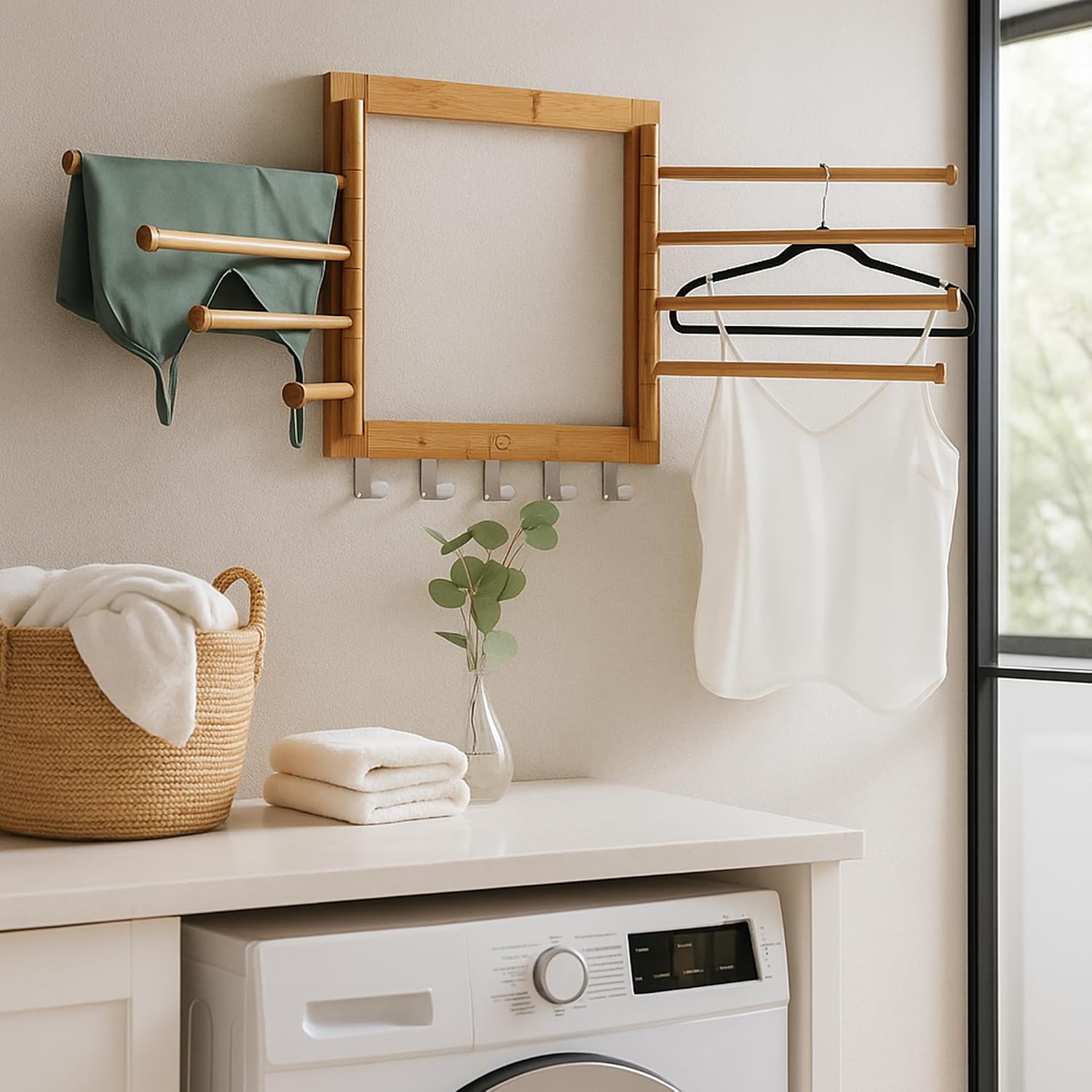 Honey-Can-Do Bamboo Wall-Mount Swivel-Arm Drying Rack, 80 lb, Natural | Wall-mount bamboo rack with 8 swivel arms holds 80 lb; folds to 1.7 in deep. Ships assembled with 5 steel hooks.