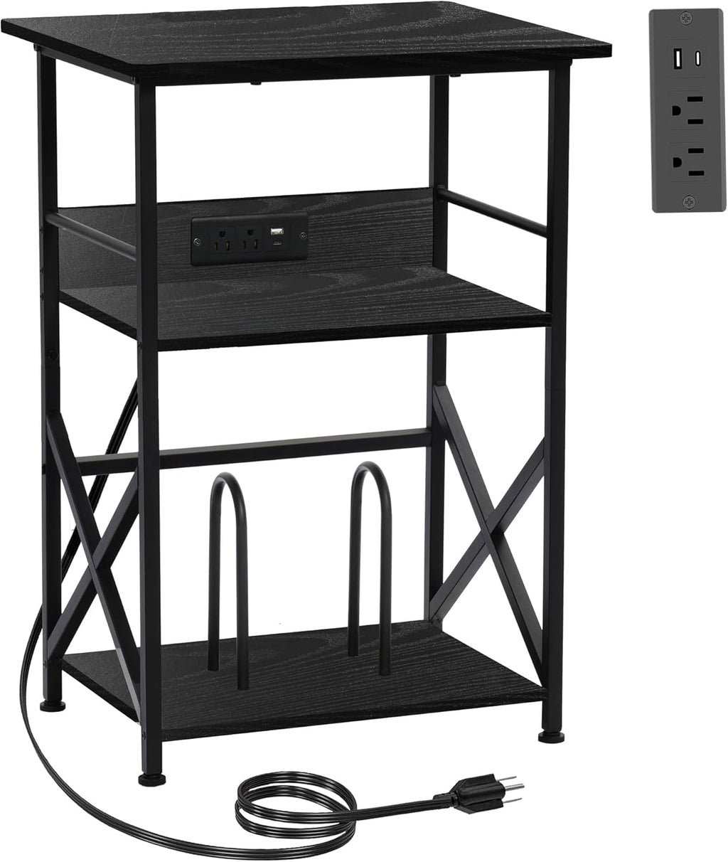 DALEMHOME Record Player Stand with Charging Station, 3-Tier Side Table for 100 Vinyl Storage, End Table for Living Room, Bedroom, Black HKET1002BK